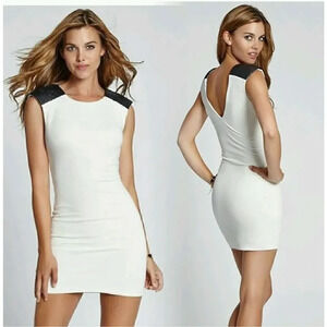 Guess Cap-Sleeve Quilted Faux Leather Beige BodyCon Dress